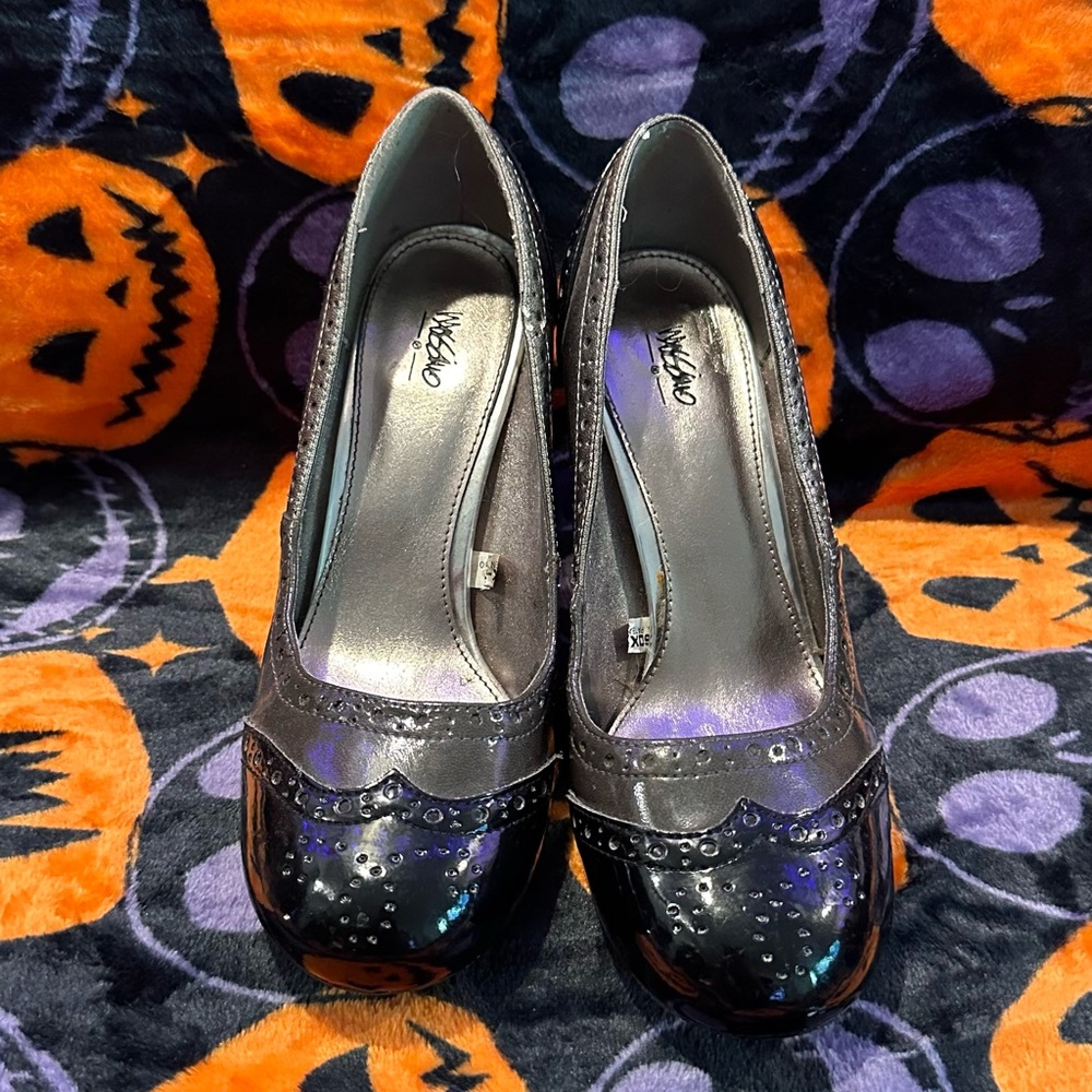 Black and silver pleather heels